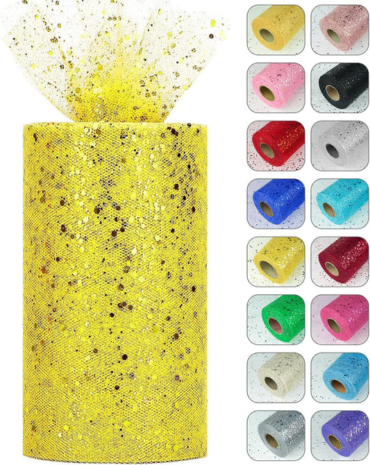 Glitter Tulle Rolls, 6” by 50 Yards (150FT) Sparkling Tulle Spool Ribbon Sequin Tulle Netting Fabric for Tutu Skirt Wedding Birthday Baby Shower (Yellow)