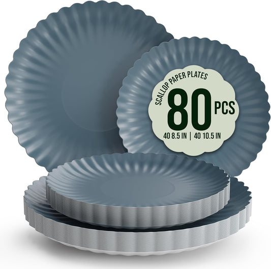 Trendables Scalloped Paper Plates 8.5 Inch & 10.5 Inch 80 Pcs Dinner Plate Set Fancy Disposable Plates for Party for 40 Guests 40 X 8 & 40 X 10 Large & Small Paper Plate Set for Parties Slate Blue
