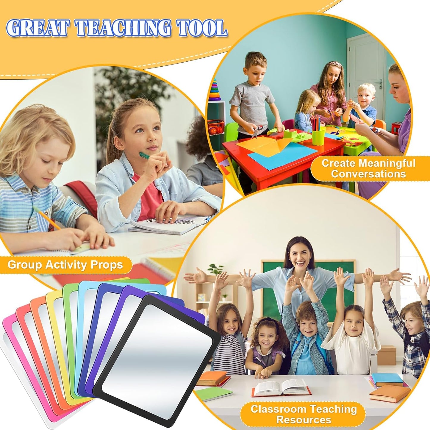 Dandat 10 Pcs Small Mirrors for Kids 6 x 6 Inch Square Shatter Proof Reflector Toddler Glass Plastic Reflector for Classroom DIY Craft Preschool Facial Expression (Rainbow Colors)