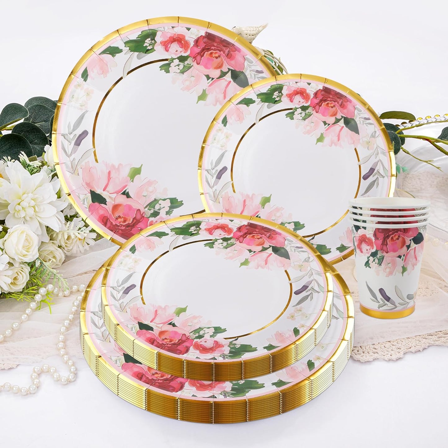 280 Pcs Thanksgiving Floral Paper Plates And Napkins Party Supplies - Bridal Shower Floral Plates,Flower Cups, Forks, Knives And Spoons, Napkins, Straws For Birthdays, Parties And Tea Parties