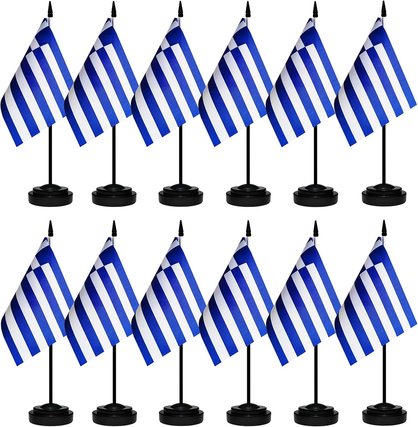 12 Pack Greece Desk Flags Set, Greek Small Mini Table Office Flags with 12" Solid Black Pole, 8.2 x 5.5 Inches, Home and Office Decoration, Festival Celebrations