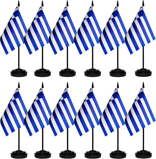 12 Pack Greece Desk Flags Set, Greek Small Mini Table Office Flags with 12" Solid Black Pole, 8.2 x 5.5 Inches, Home and Office Decoration, Festival Celebrations