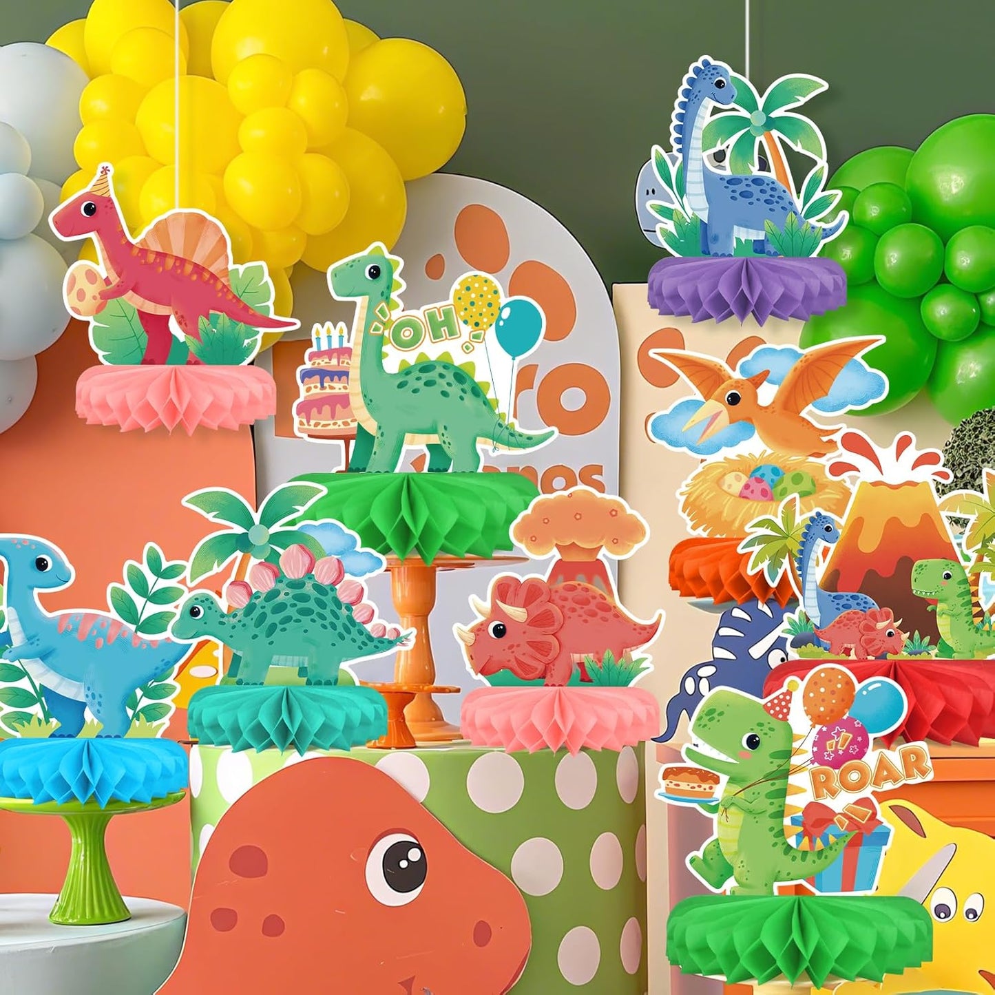 Dinosaur Birthday Party Supplies Kit - Dinosaur Themed Table Decorations with Honeycomb Centerpiece for Splendid Dinosaur Birthday Party Decorations