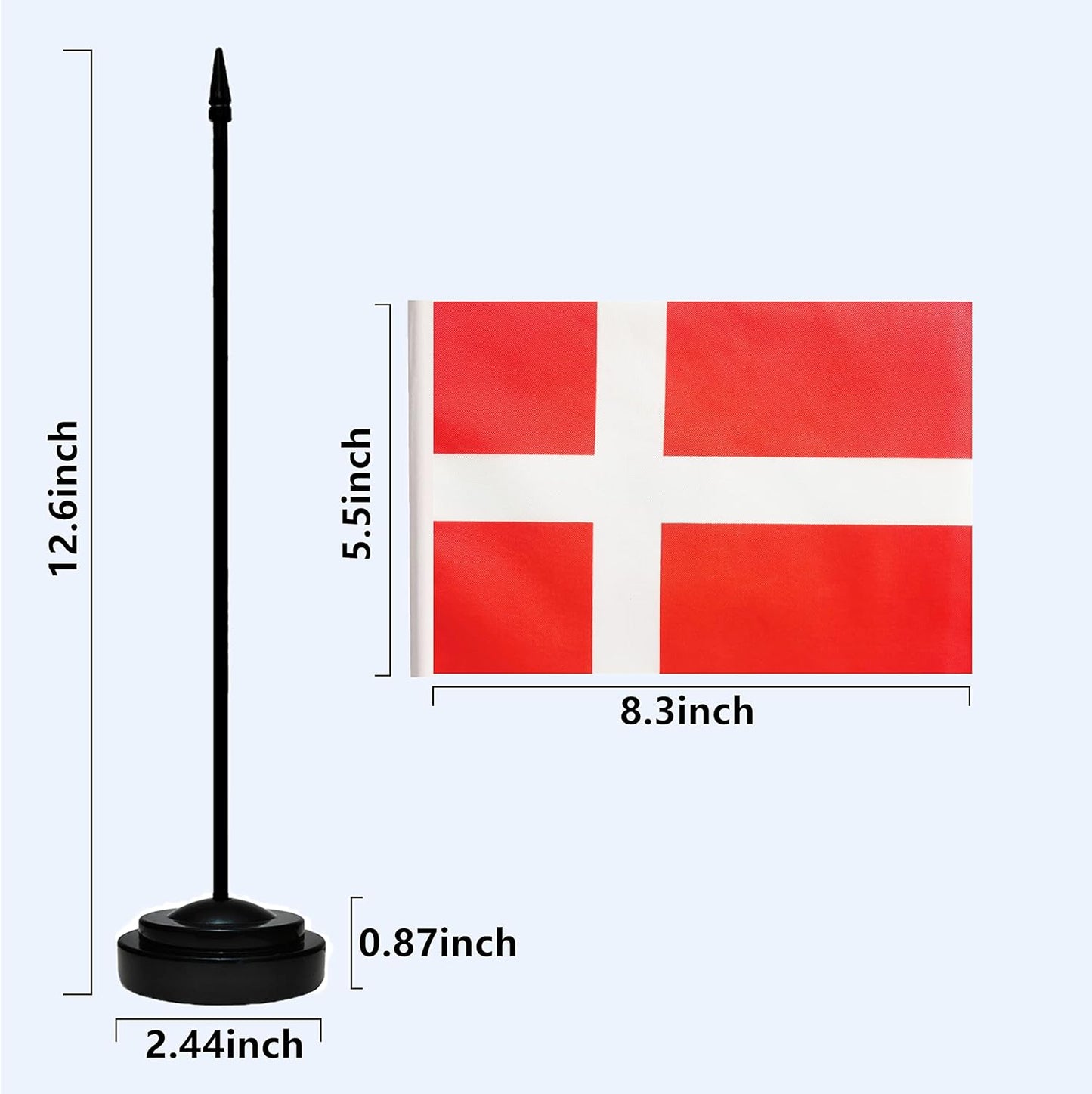 Denmark Danish Dane Deluxe Desk Flag Set Small Mini Miniature Denmark Danish Table Desktop Flags With Solid Pole, Black Base and Spear Top(2 Pack)