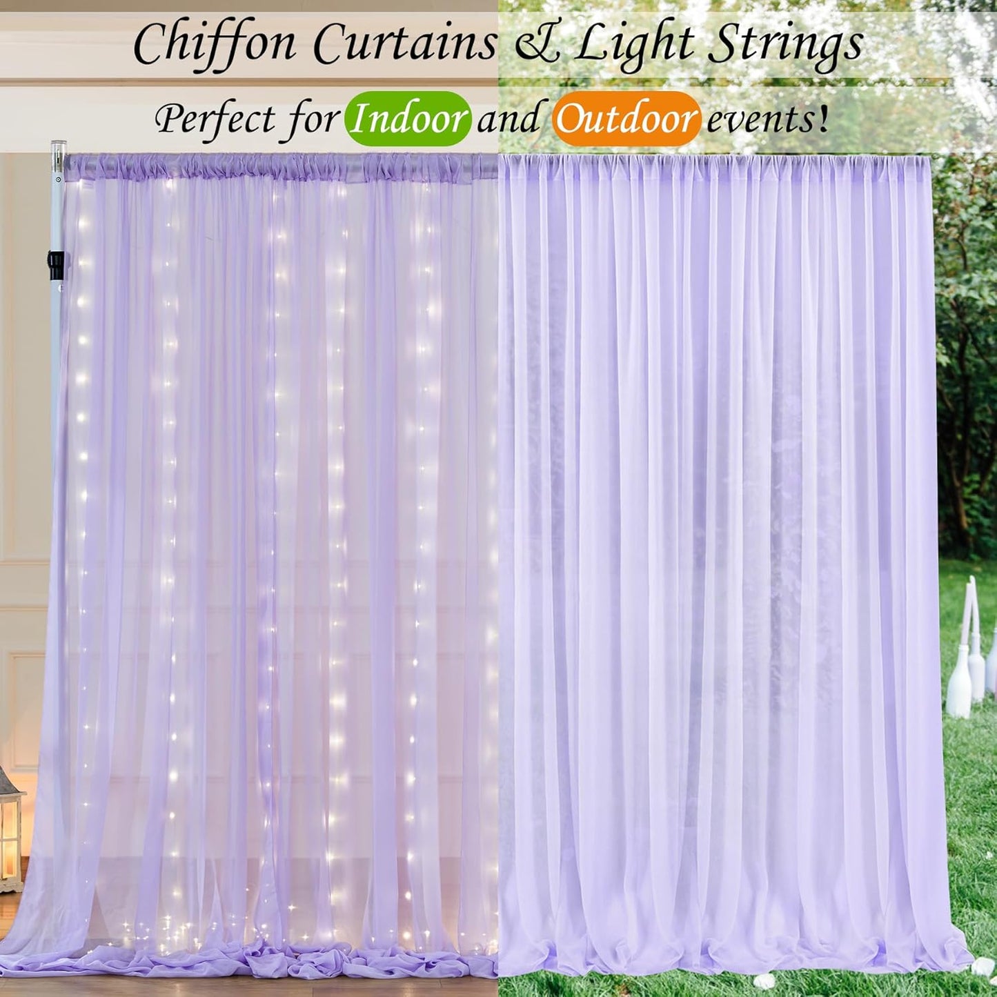 10ft x 7ft Lavender Chiffon Backdrop Curtain with Lights String for Parites Wedding Wrinkle Free Curtain Photo Backdrops Drapes for Baby Shower Birthday Party Home Decorations