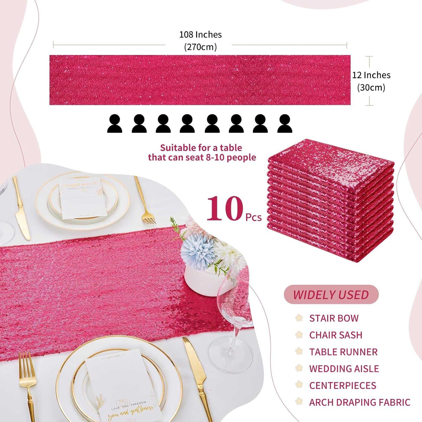 Sequin Table Runner Fuchsia 10 Pcs 12x108 Inches Elegant Wedding Sparkly Fabric Table Runners for Bridal Shower Banquet Celebration Decorations