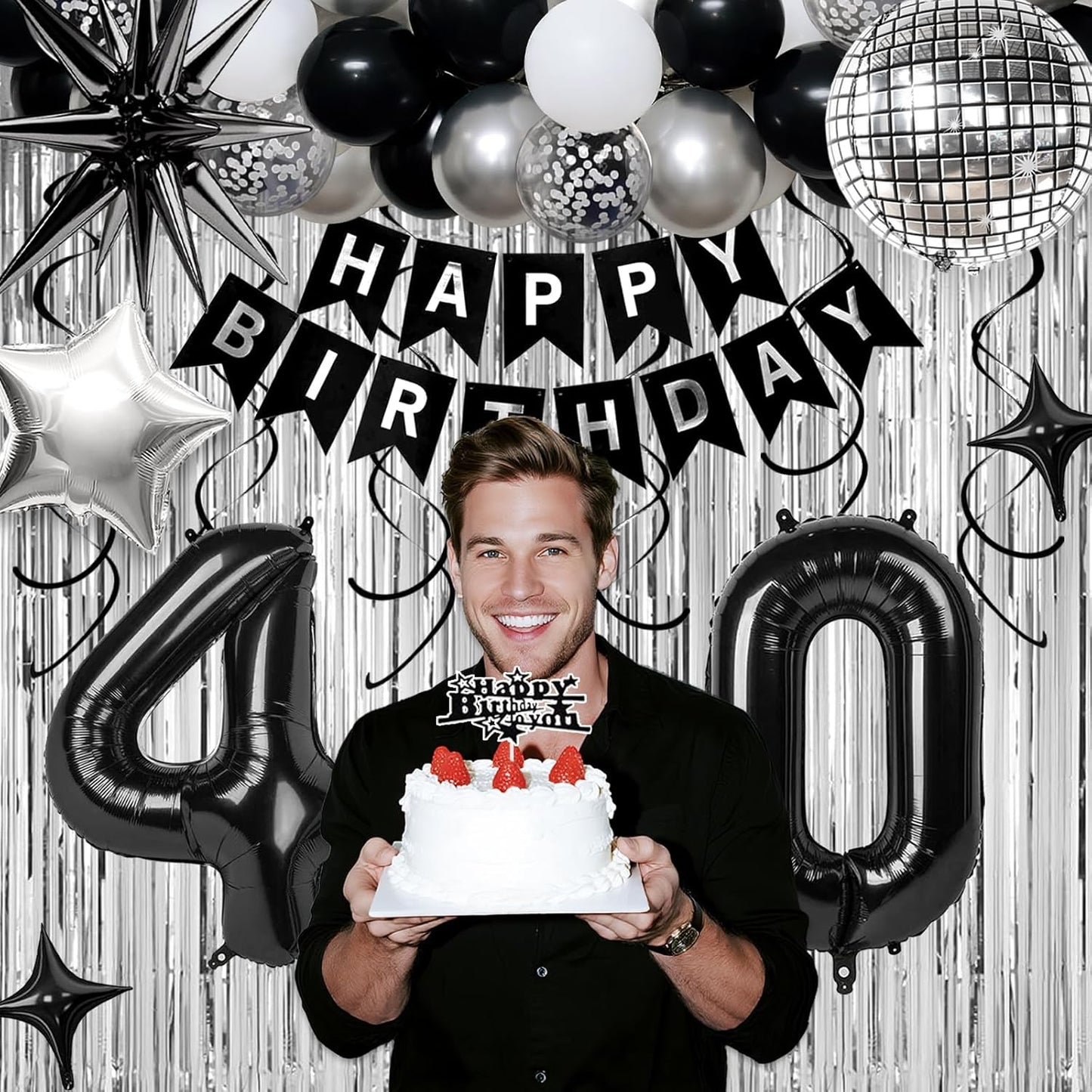 40th Birthday Decorations for Men Women, Black Silver Happy Birthday Party Decorations， 40 Year Old Party Supplies with Number 40 Balloons, Banner, Fringe Curtains Kit