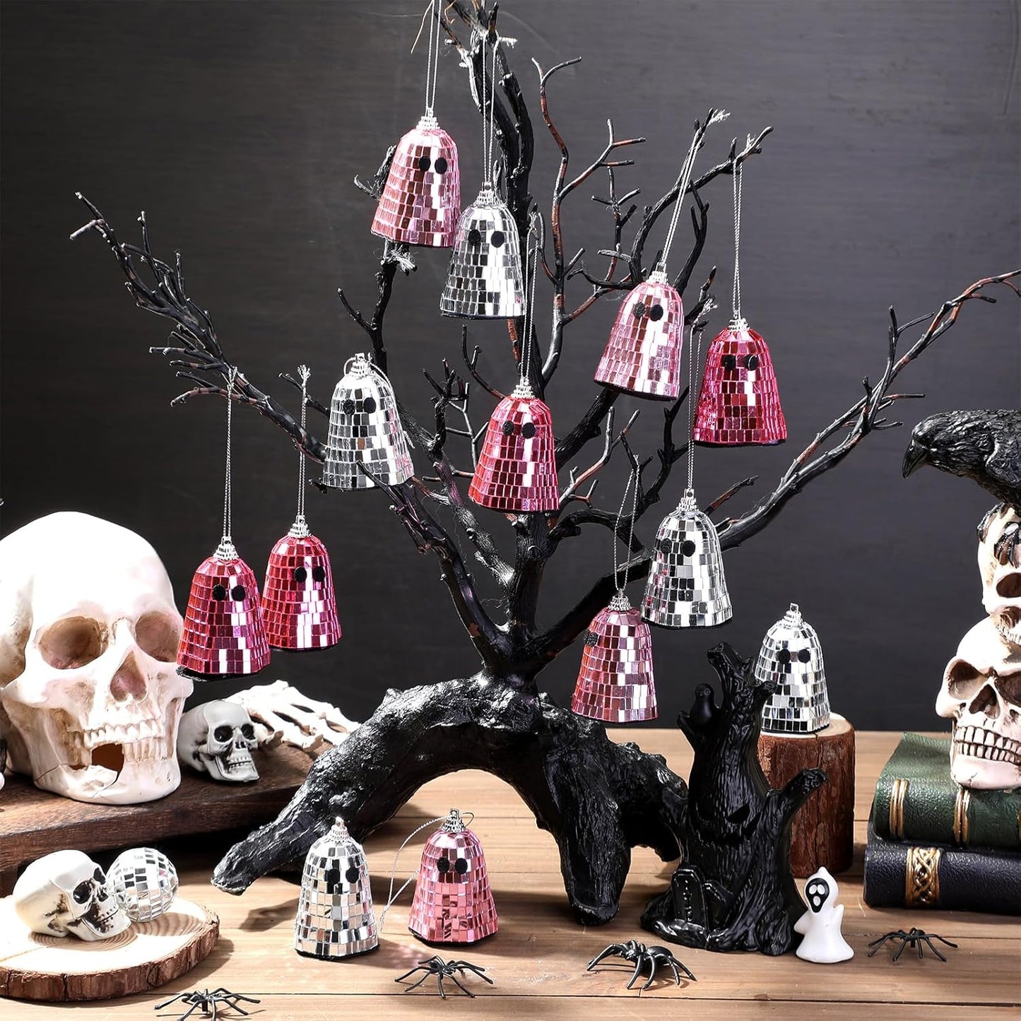 24 Pcs Halloween Disco Ghosts Decor Halloween Ornament Silver Mirror Disco Skeleton Tabletop Centerpiece for Holiday Cosplay Home Props Gift Party Decorations (Pink)