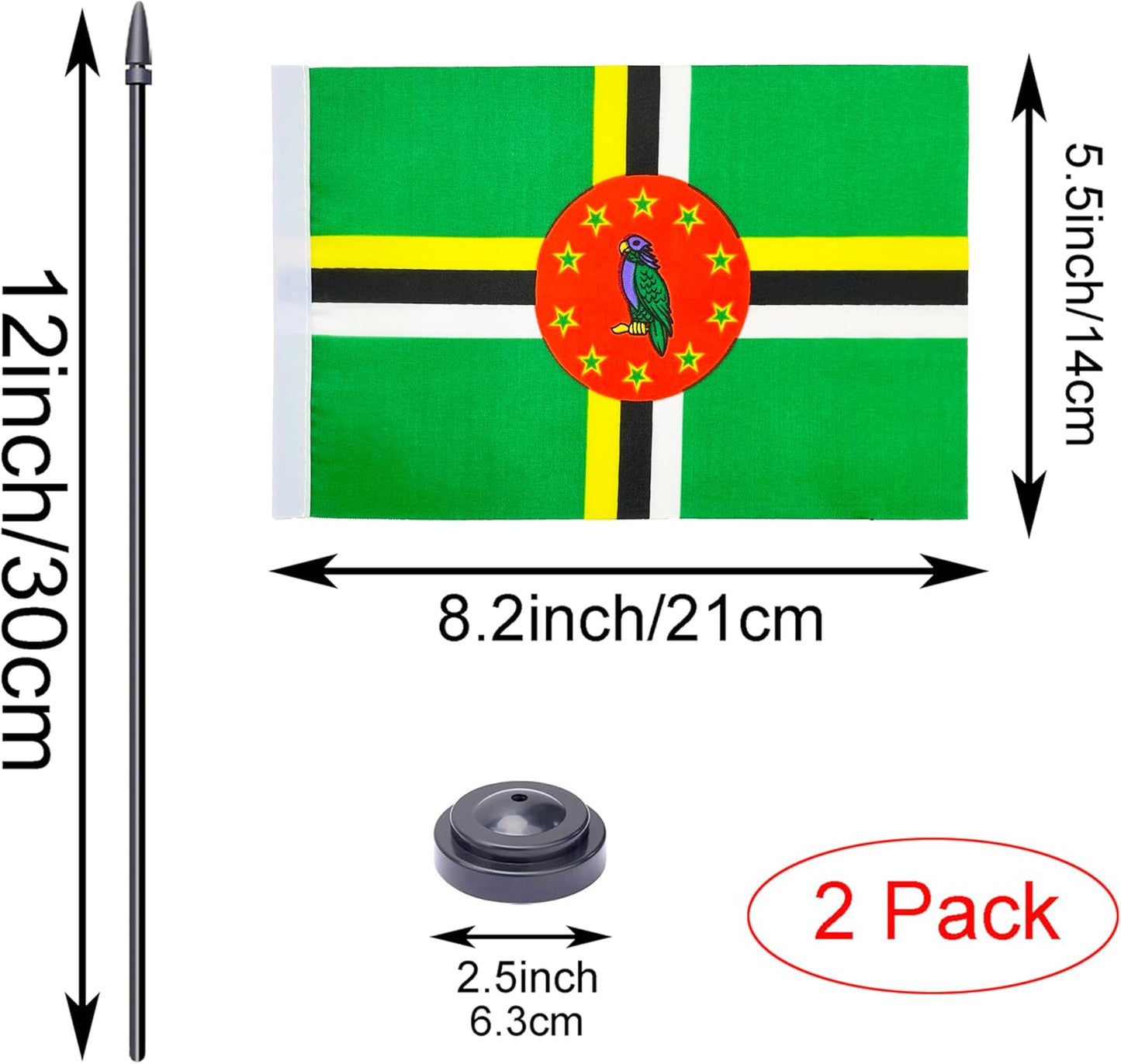 WXTWK 2 Pack Dominica Flag Dominica Deluxe Desk Flag Set - Mini Small Dominica Table Office Flags with Black 12" Solid Pole Stand Base Classroom Meeting Desktop Decorations