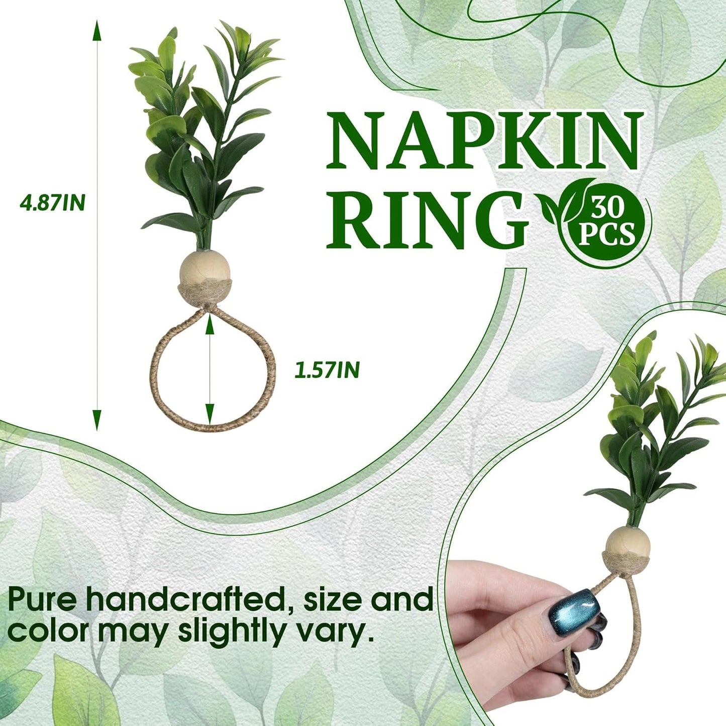 MAOANME Napkin Rings Set of 30, Rustic Eucalyptus Napkin Holder Rings with Wood Bead, Farmhouse Green Leaf Napkin Ring Bulk, Boho Napkin Ring for Wedding, Table Decor