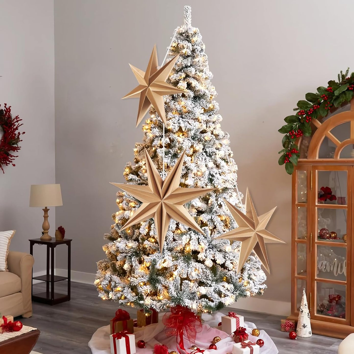 3PCS 12inch 7-Pointed Natural Paper Star Landerns Hanging Decoration Set Festive Holiday Decor Stars Shape Landerne for Christmas Home Deco