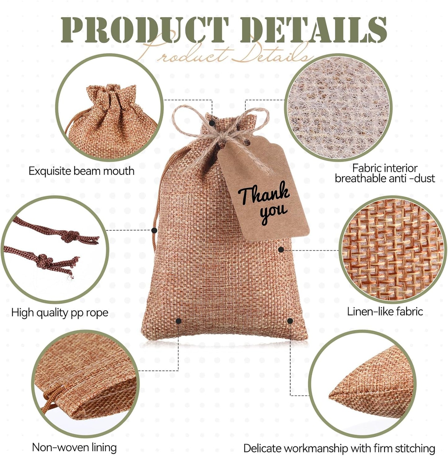 Woanger 100 Pcs Burlap Gift Bags with 100 Pcs Kraft Paper Gift Tags with Drawstring Favor Bulk Burlap Sack Bags for DIY Wedding Party Craft (4 x 6 Inch,Beige, Medium Brown, Dark Brown, Military Green)