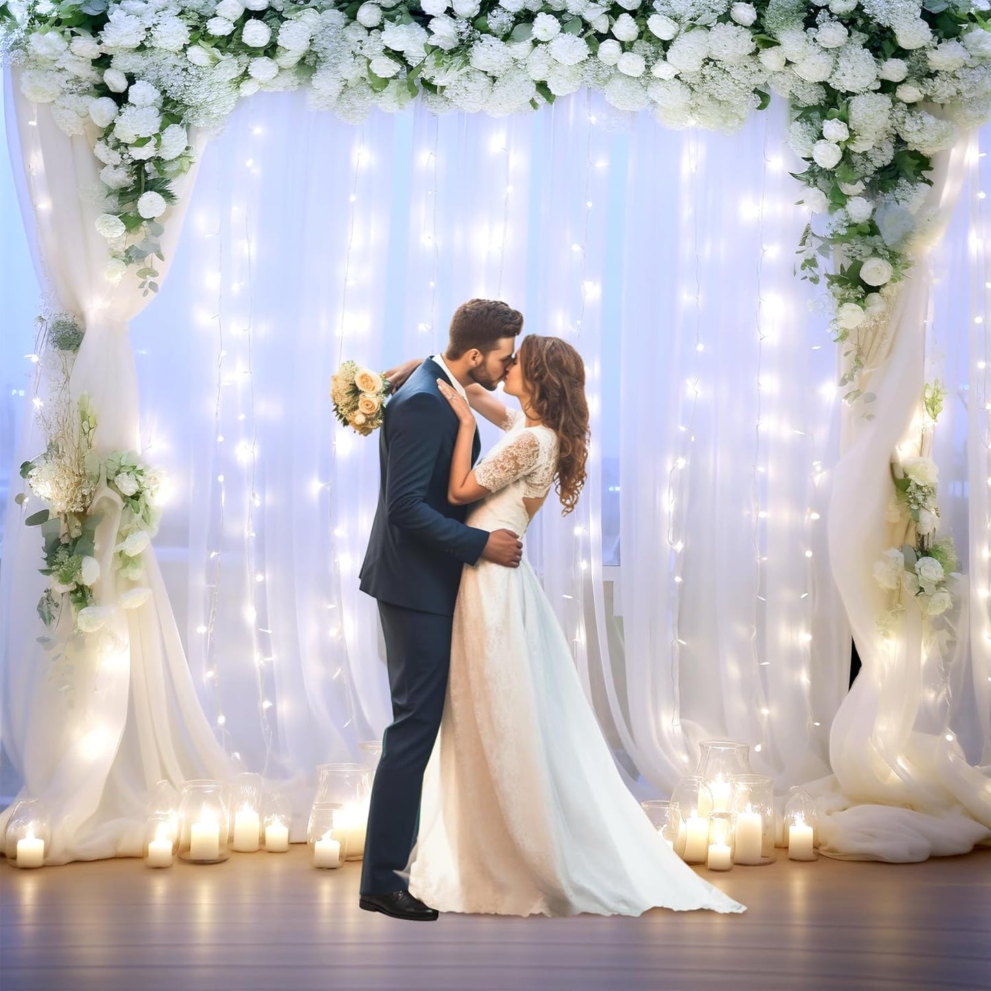 White Tulle Backdrop Curtain with Lights String for Parites 10×8ft Sheer Backdrop Curtains White Curtain Backdrop for Wedding Baby Shower Birthday Party Photo Shoot Decorations(2 Panels 10ft×8ft)