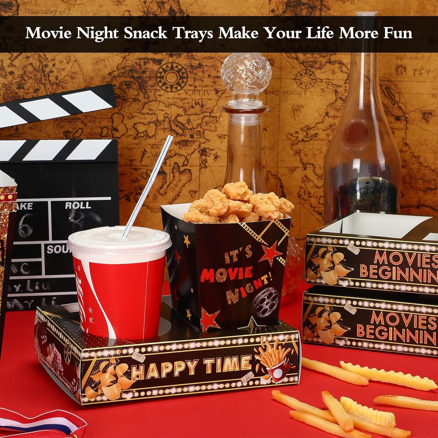 Faccito 36 Pcs Movie Night Snack Trays Movie Theater Snack Boxes Night Supply Disposable Paper Holder Tray for Popcorn Food Candy Drink Party 8 x 6 Inch(Black Gold,Cute Style)