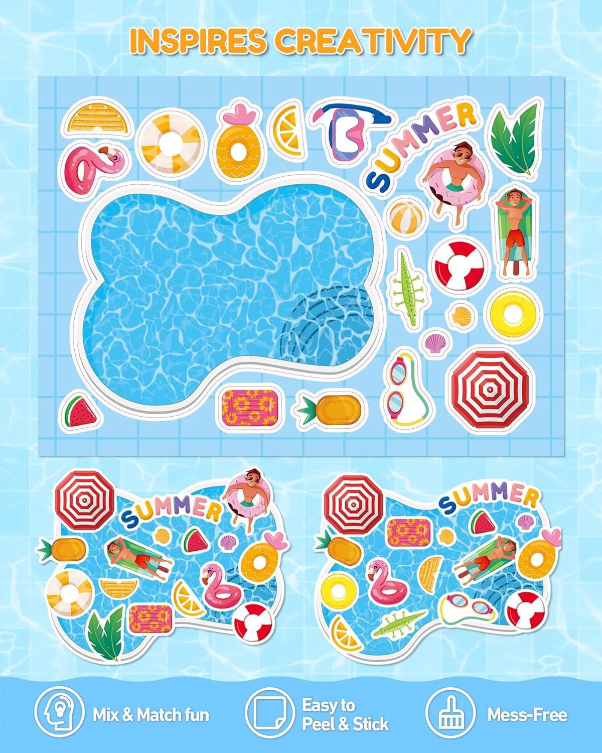 Aowplc 32 Sheets Make‑a‑Pool Stickers for Kids – Mix & Match Craft Kit – Summer Party Favors & Activities