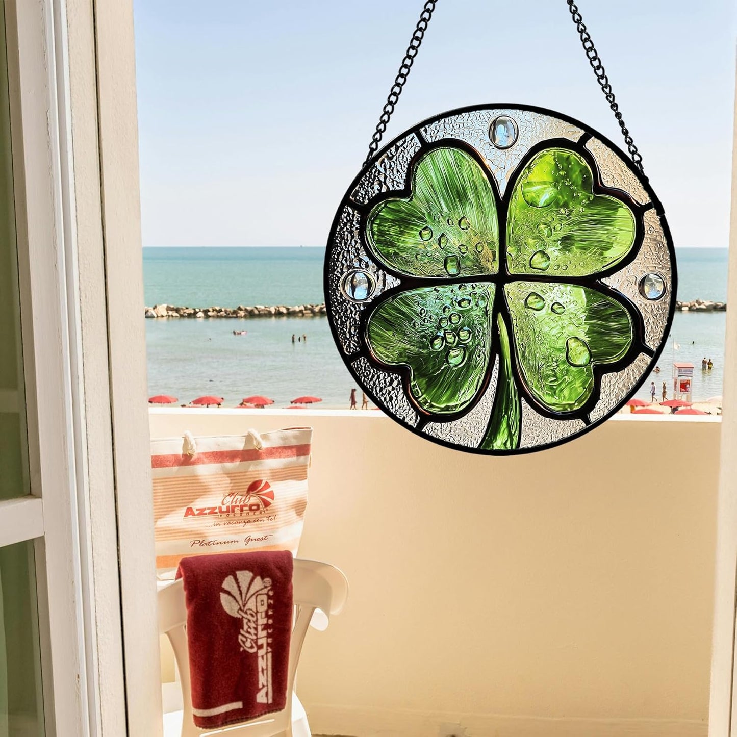 Stained Glass Window Hanging, Green Silver 4 Leaf Clover Sun Catcher for Window Door Home Decor Plant Suncatcher Christmas Mother's Day Birthday Gifts for Women Men Mom Nana 11.8 in