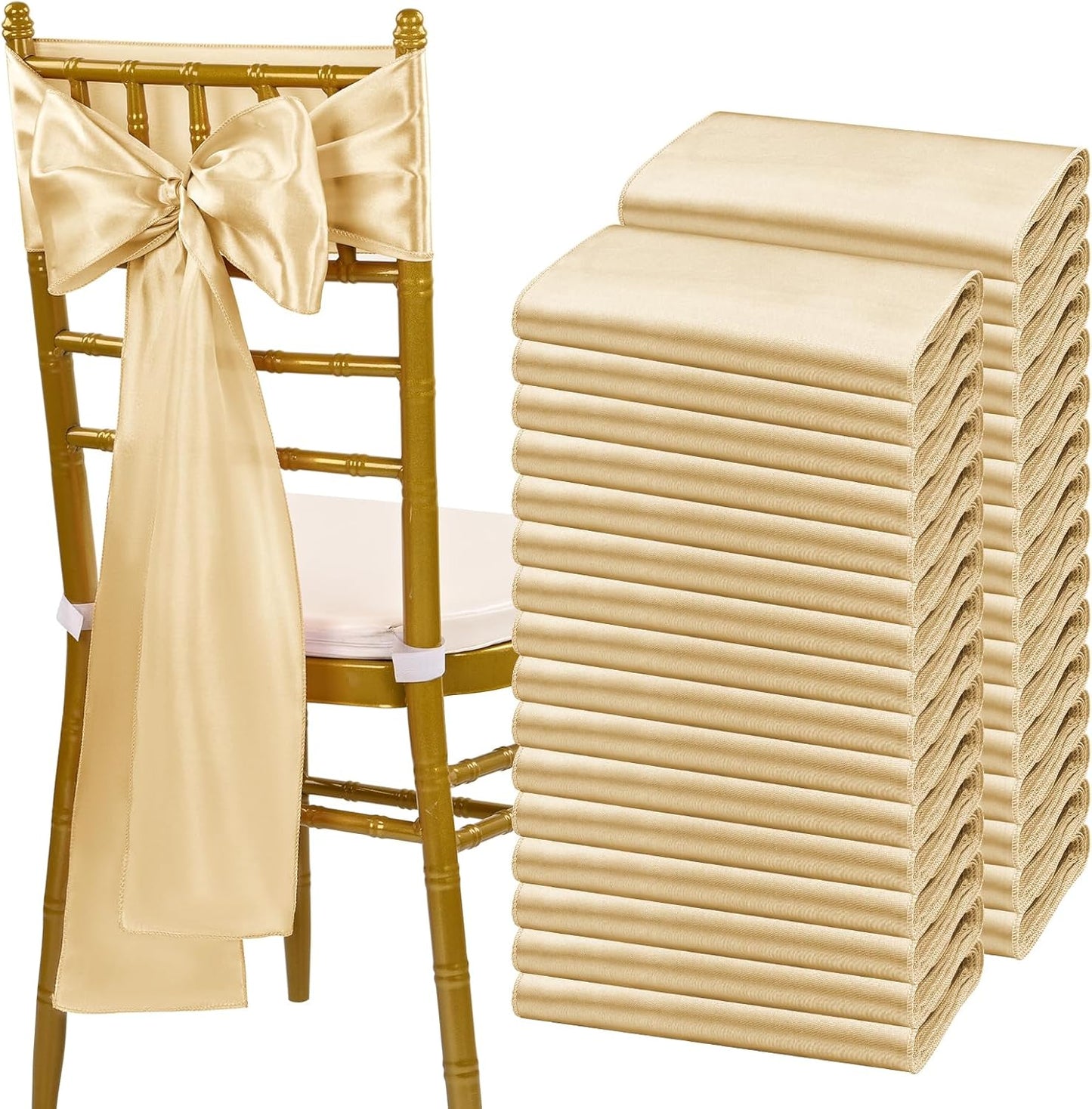 fani 120 PCS Champagne Satin Chair Sashes Bows Universal Chair Cover for Wedding Reception Restaurant Event Decoration Banquet,Party,Hotel Event Decorations (7 x 108 inch)