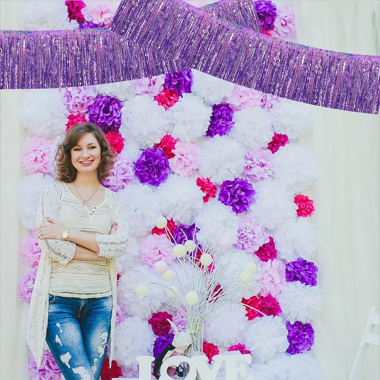 BEISHIDA 3 Packs Metallic Foil Fringe Garland Laser Light Purple Wall Hanging Tinsel Fringe Banners for Car Floats Bridal Shower Wedding Birthday Easter Graduation Holiday Party Decoration(30 Feet)