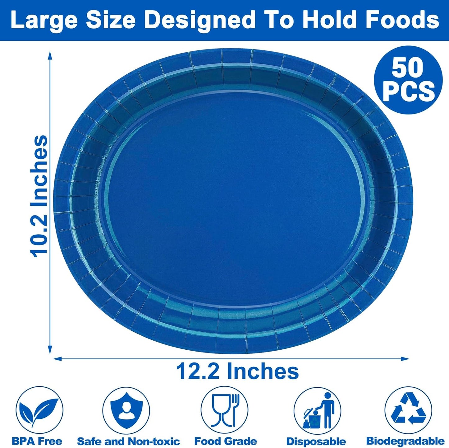 QZYL 50 Count Blue Oval Large Paper Plates, 12.2'' X 10.2'', Bulk Dinner Plates for Birthday, Picnic, Holiday, Camping, Barbecue, Baby Shower Parties