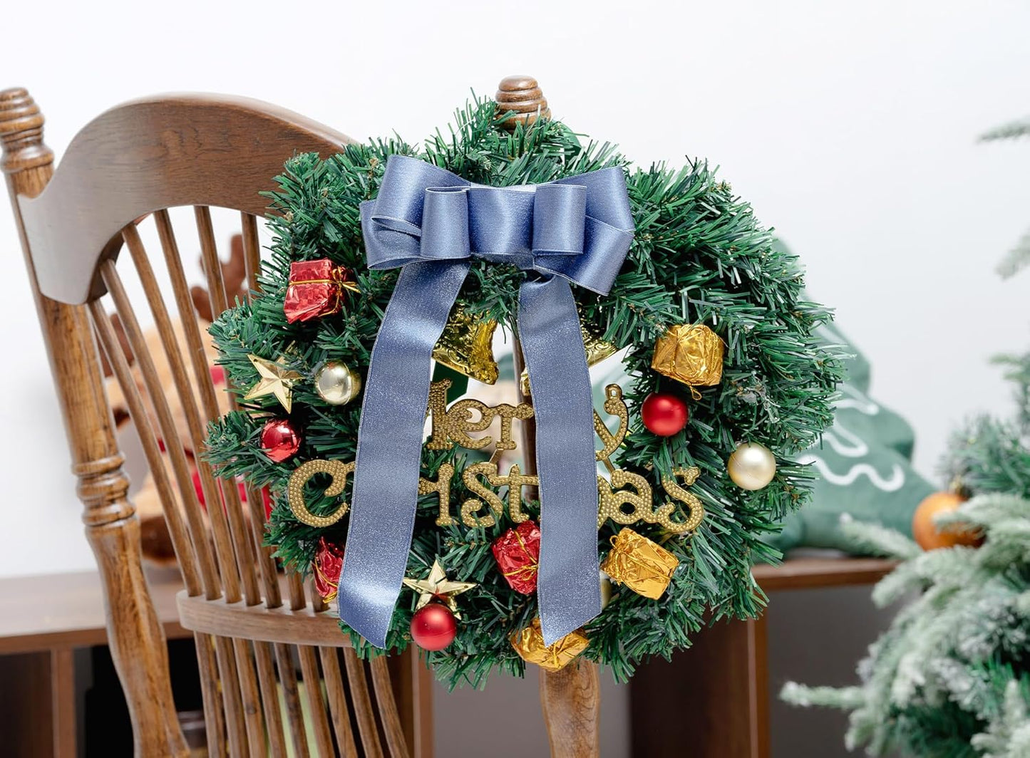 Dusty Blue Satin Wired Ribbon 1-1/2 Inch Double-Faced Sliver Glitter Christmas Ribbons for Wreath, Tree Decoration, Gift Wrapping, Home Decor 10 Yards