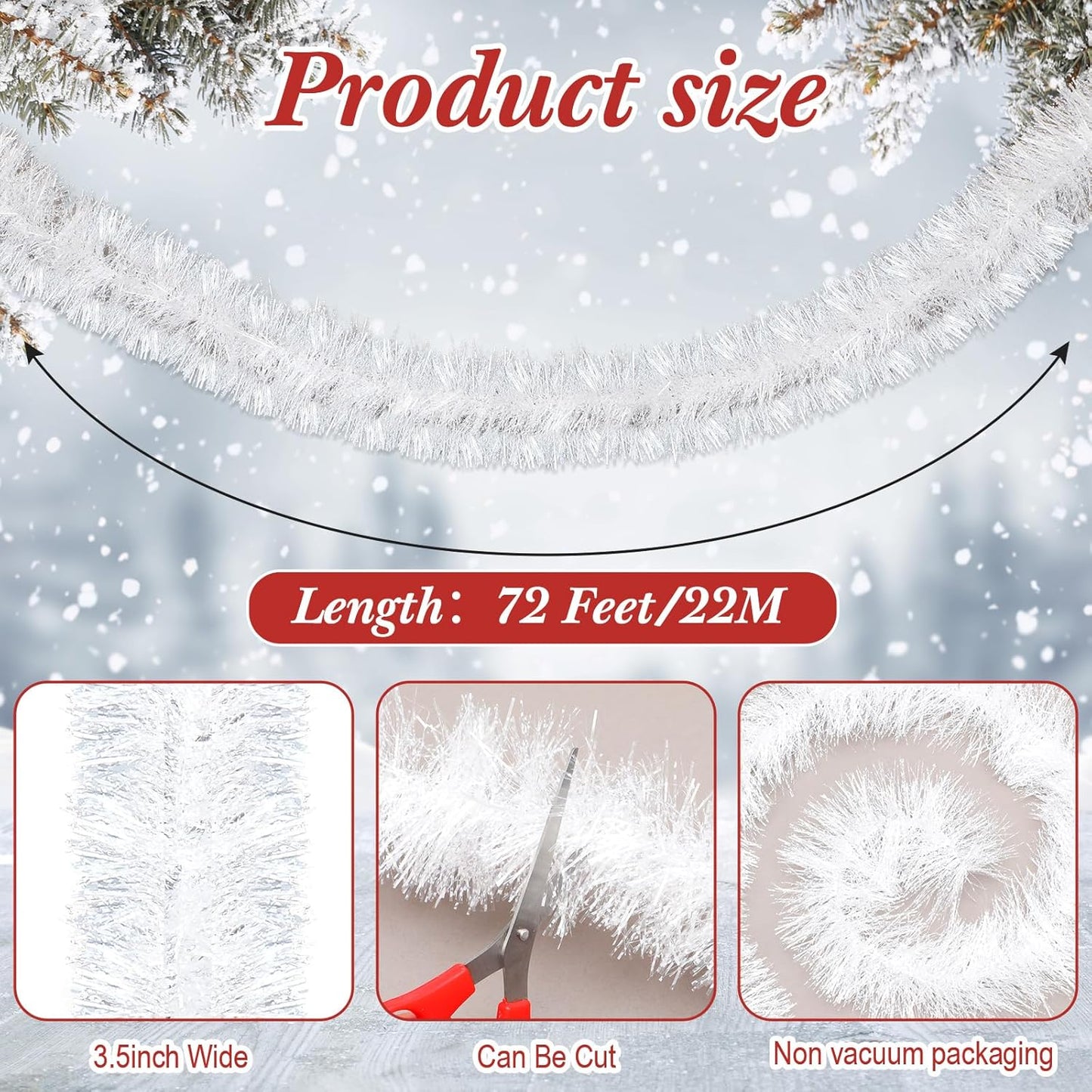 72 Feet Christmas Tinsel Garland Shiny Metallic Tinsel Twist Garland Streamers Ornaments Long Glitter Christmas Tree Hanging Decorations for Party Holiday Wedding Birthday Tree Wall Rail (Snowy White)