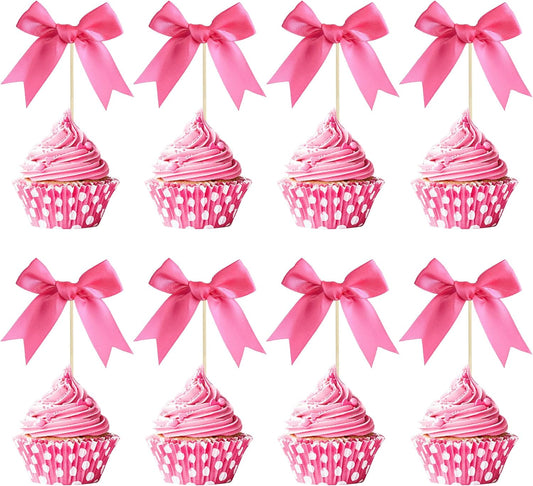 Gyufise 24Pcs Bow Cupcake Toppers Coquette Bow Girls Birthday Cake Decorations Bowknot Cake Toppers Bowknot Cupcake Picks for Baby Shower Birthday Wedding Bridal Engagement Party Supplies Rose Red