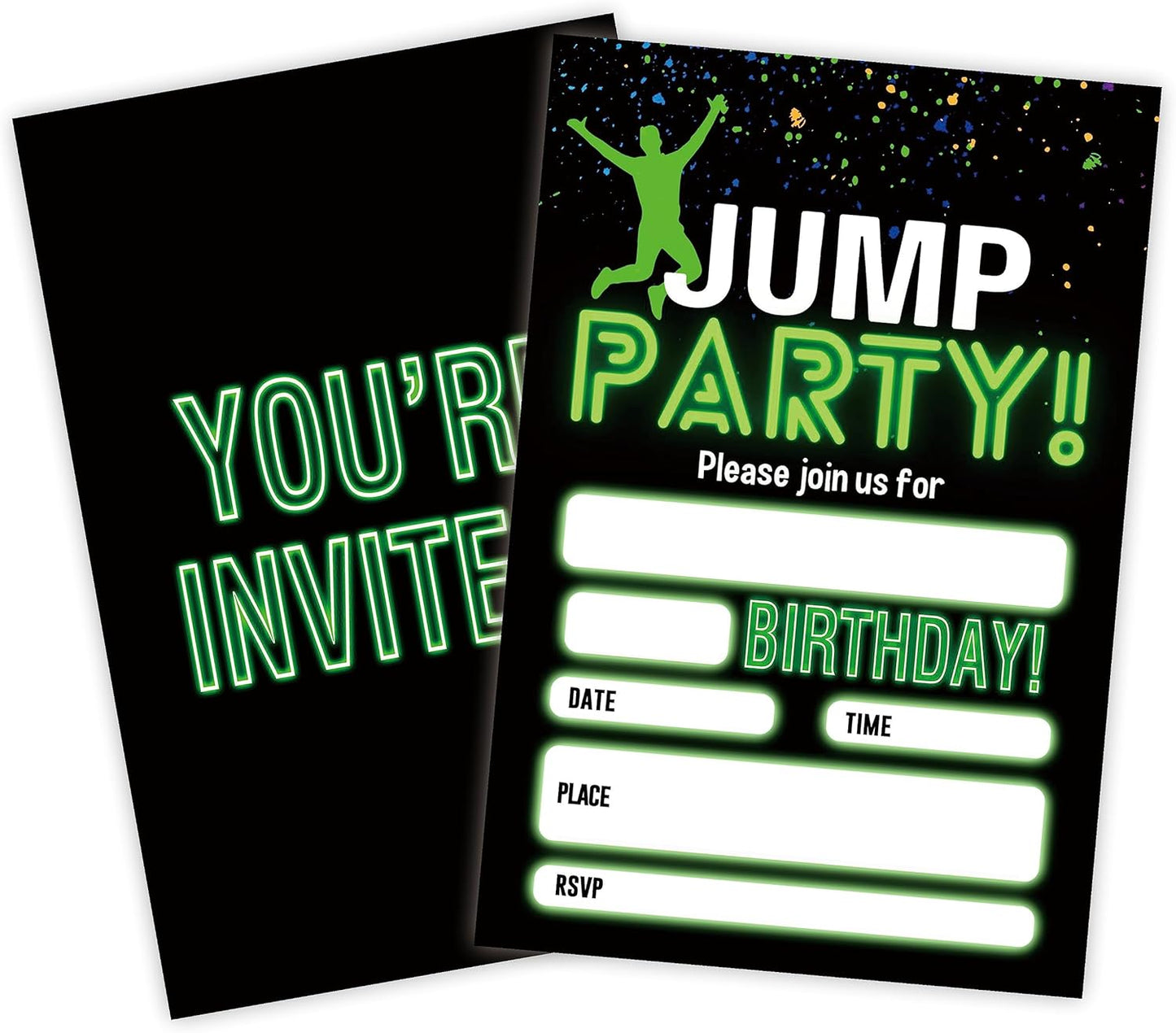 Glow Trampoline Birthday Invitations, Jump Party Invite Cards（20 Count) With Envelopes, Fill In Style Invite Cards For Boys & Girls, Birthday Party Supplies-C01