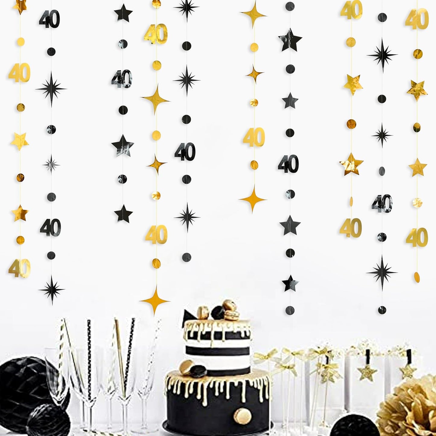 Black Gold 40th Birthday Decorations Number 40 Circle Dot Twinkle Star Garland Streamer Bunting Banner Backdrop for Women Mens Cheers to 40 Years Old Birthday Happy 40th Anniversary Party Supplies