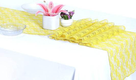 MDS Pack of 15 Wedding 12 x 108 inches Lace Table Runner for Wedding, Decorations for Birthday Parties, Banquets, Graduations, Engagements, and Runners fit Rectangle, Round Table- Yellow