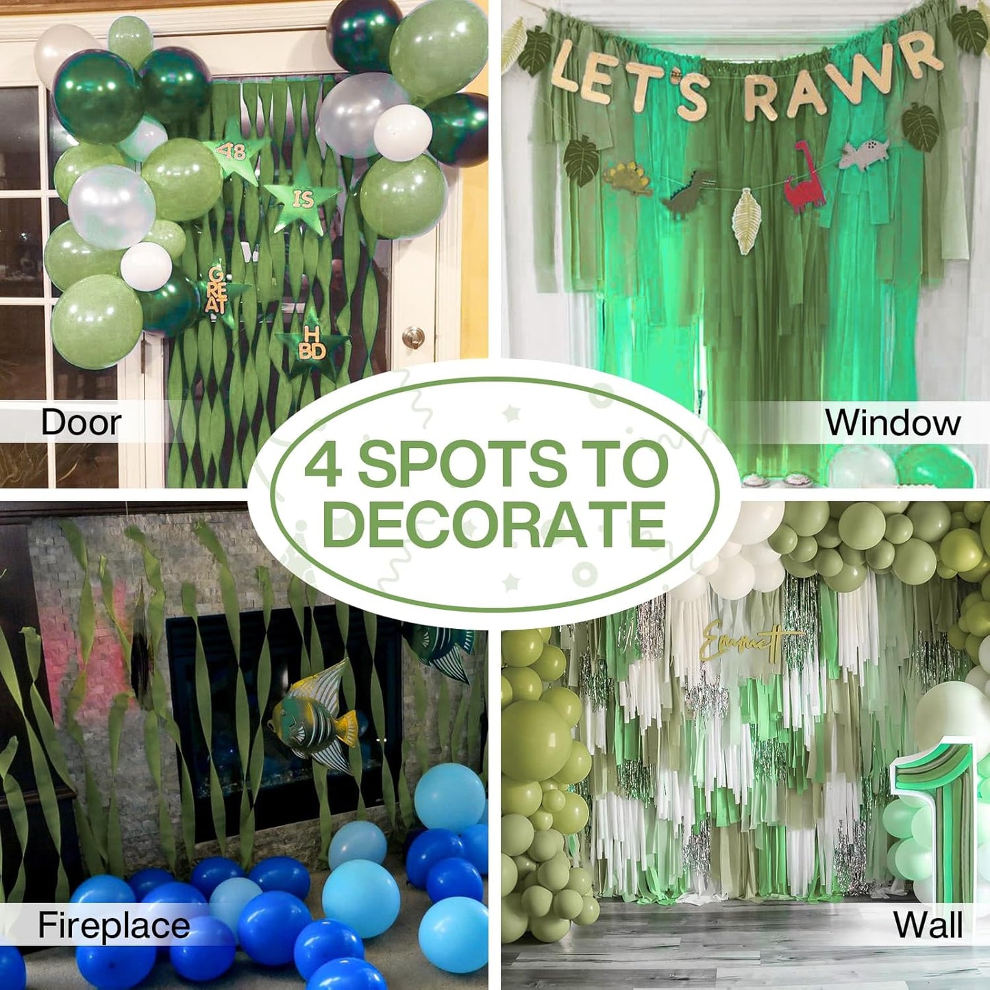 PartyWoo Crepe Paper Streamers 4 Rolls 328ft, Pack of Crepe Paper Kiwi Green Party Streamers, Crepe Paper for Birthday Decorations, Party Decorations, Baby Shower Decorations (1.8 in x 82 Ft/Roll)