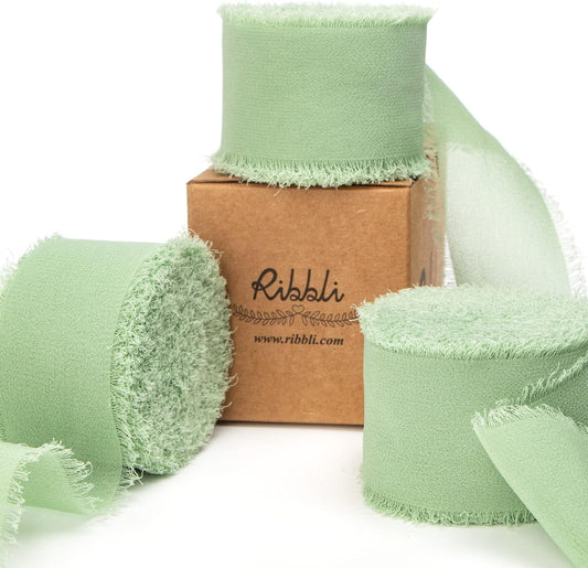 Ribbli Sage Green Chiffon Ribbon 1-1/2 inch x 30 Yard Handmade Fringe Chiffon Sage Silk, Sage for Wedding Invitations, Bridal Bouquets Wrapping, Flower Arrangement Decoration