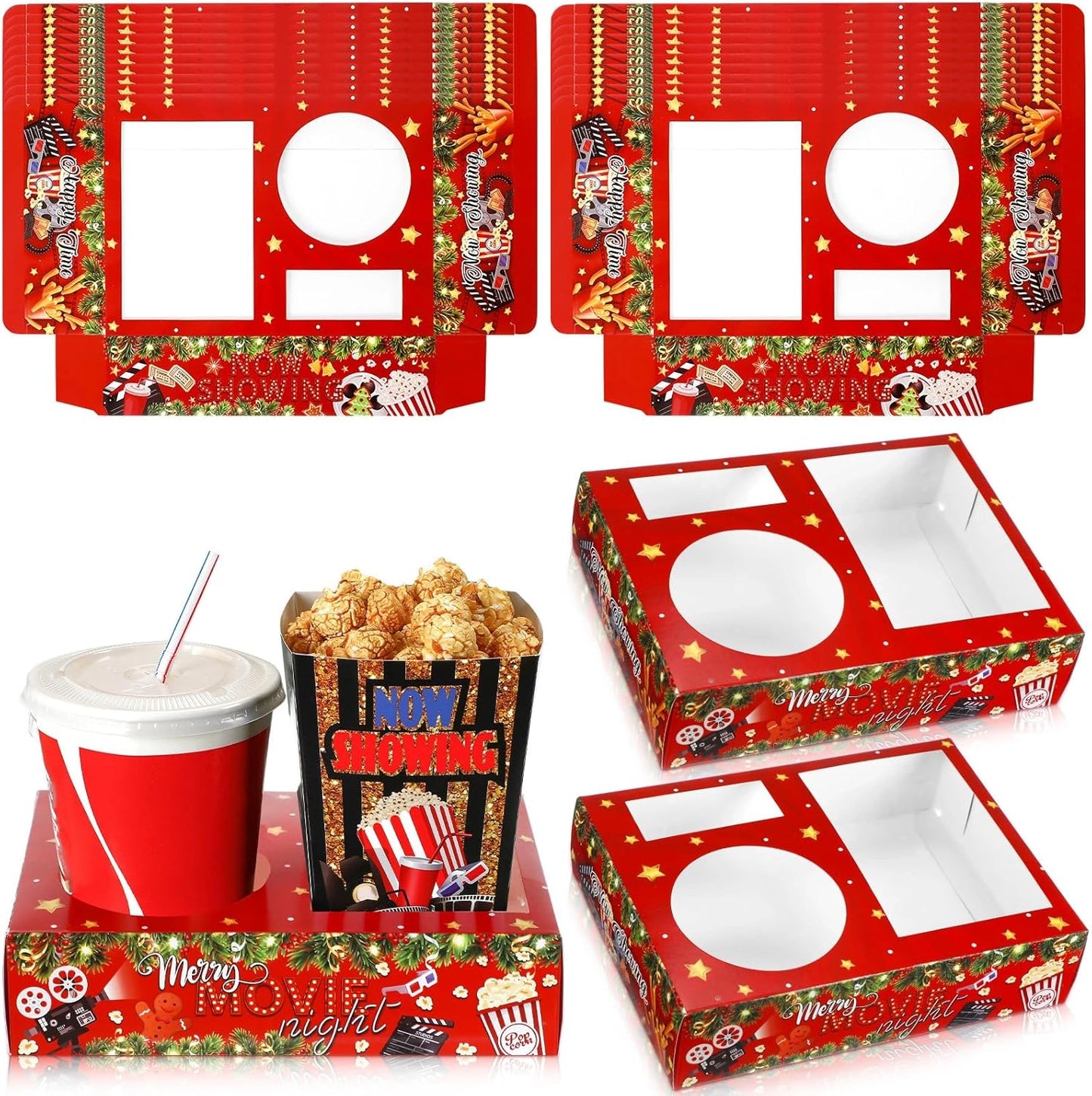 Faccito 36 Pcs Movie Night Snack Trays Movie Theater Snack Boxes Night Supply Disposable Paper Holder Tray for Popcorn Food Candy Drink Party 8 x 6 Inch(Red Green,Holly Style)