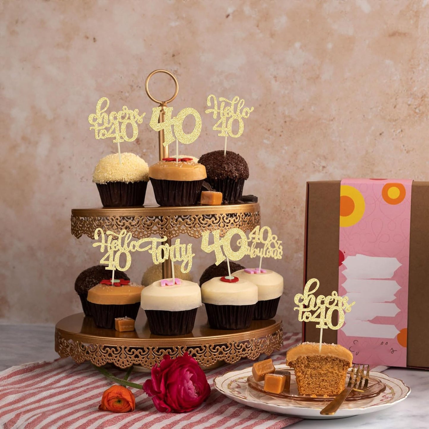 30pcs Happy 40th Birthday Cupcake Toppers - Gold Glitter Forty Cheers to 40 Years Old Cupcake Picks for Anniversary Party Cake Decorations