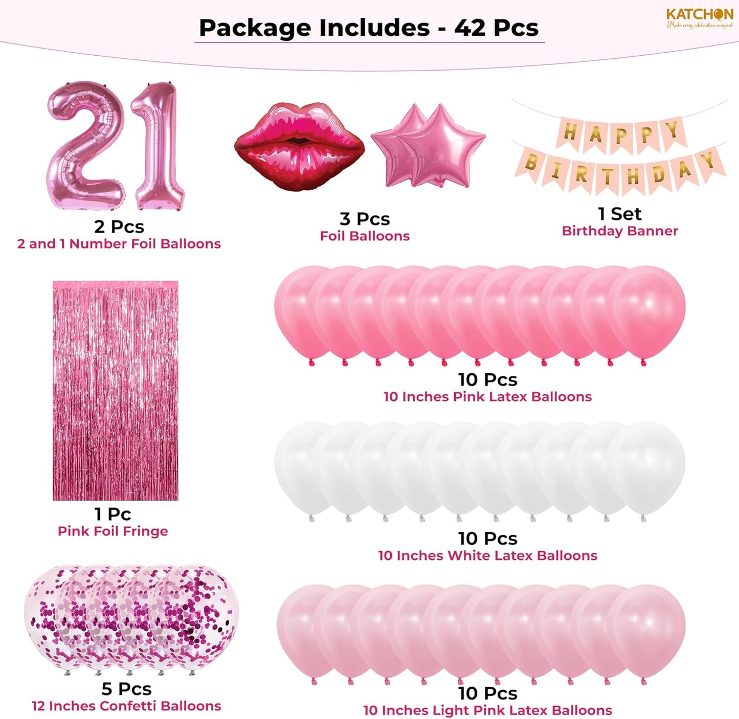 KatchOn, Pink 21st Birthday Decorations Set with Lip & Star Balloons – Pack of 42 | Happy Birthday Banner & Lip Decor | 21st Happy Birthday Decorations for Women, Girls & Her | Pink Party Decorations