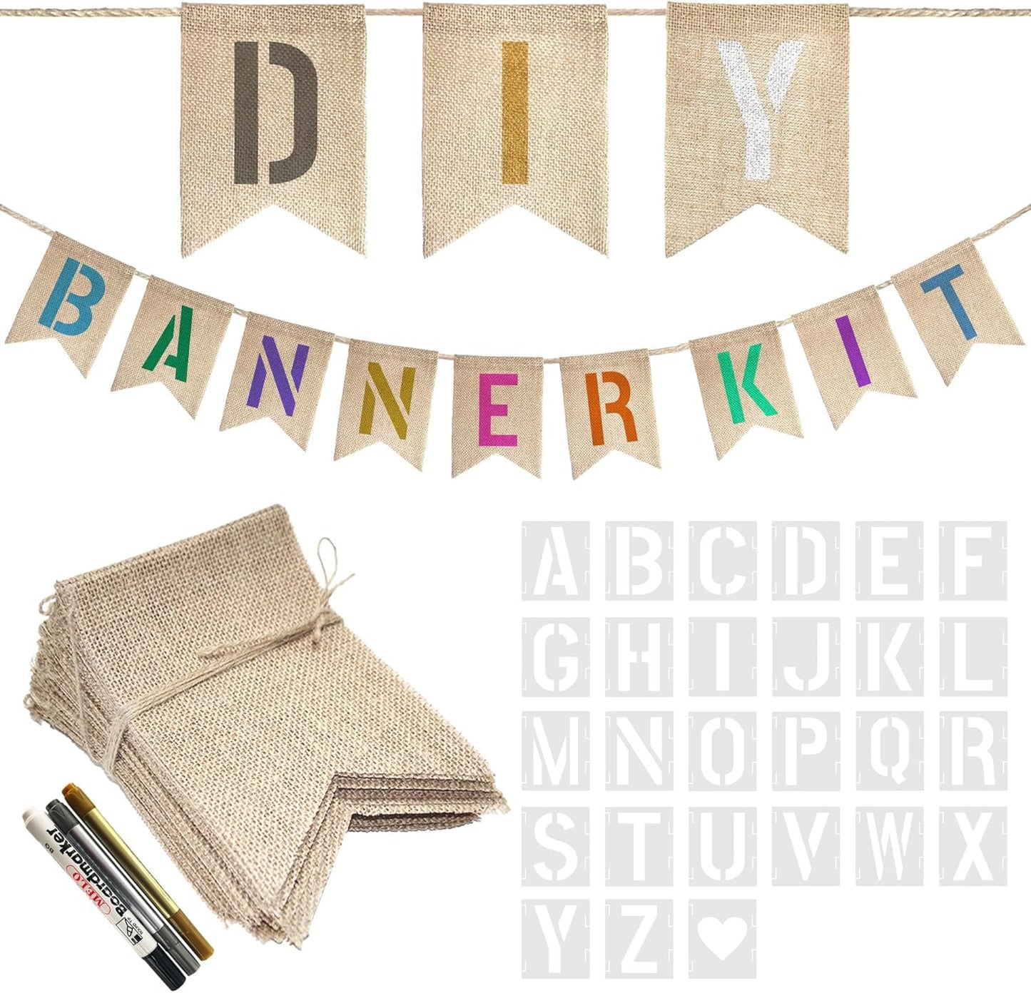 15 PCS Burlap Banner DIY Kit With 27 PCS Letter Stencil Banner Burlap Painting For Party Decorations Swallowtail Flags For Birthday