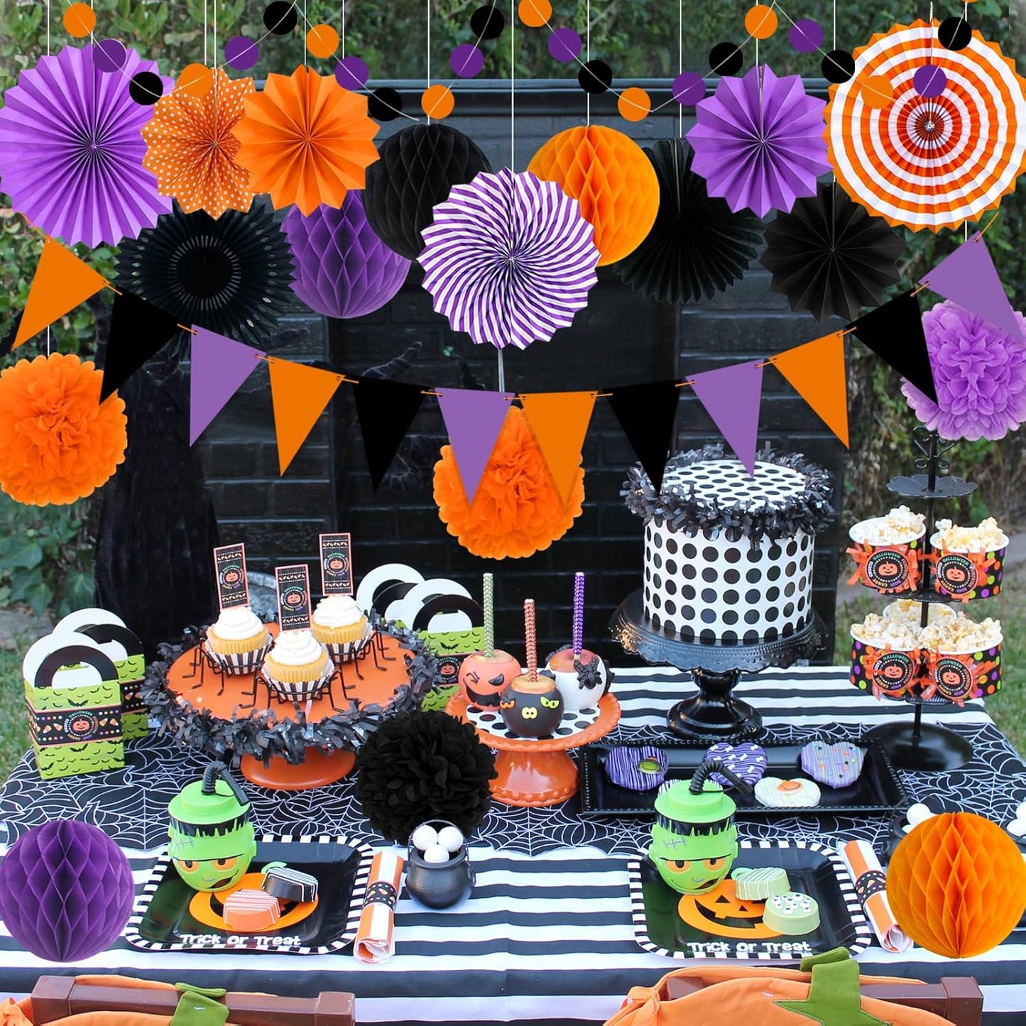 Halloween Party Decorations Paper Fans, Graduation Season Hanging Glitter Triangle Flags Banner Hanging Paper Fan Happy Birthday Banners and Triangular Flag, Bridal Shower,Purple Themed Birthday