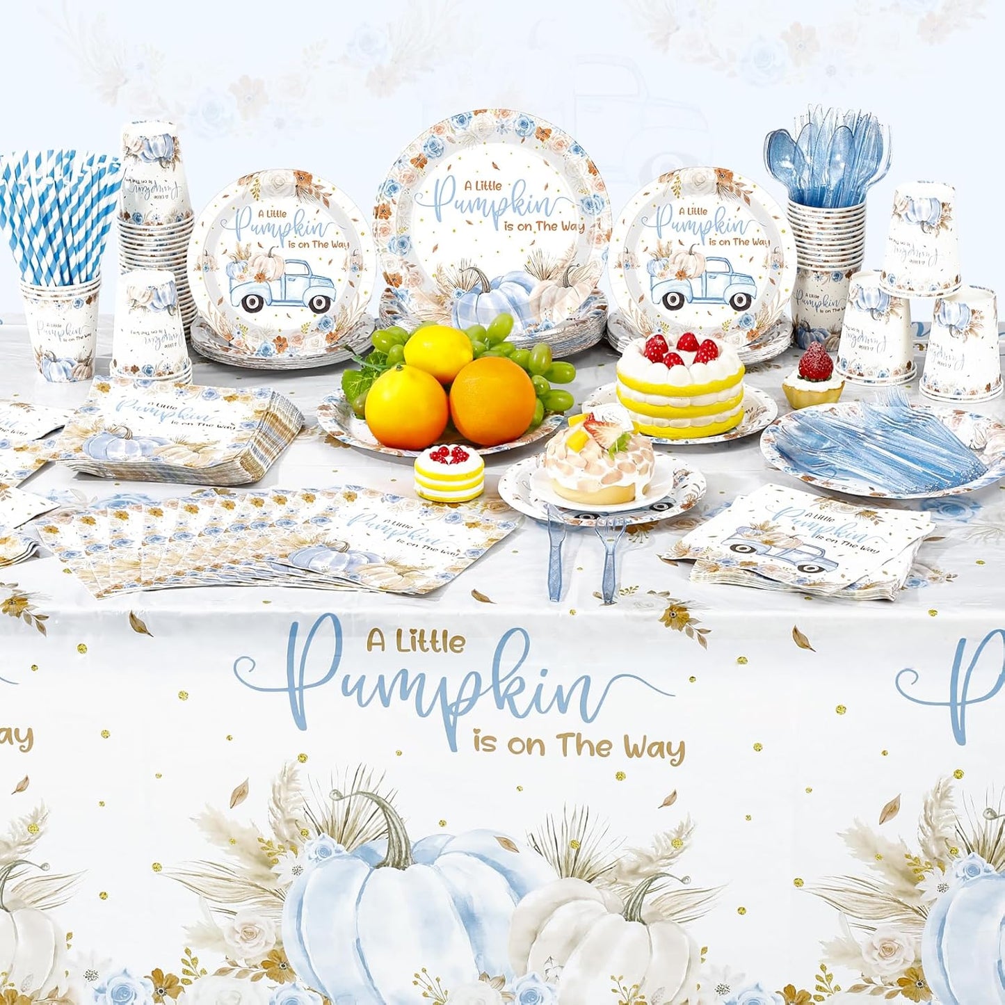452 Pcs Little Pumpkin Baby Shower Decorations for 50, Blue A Little Pumpkin Is on the Way Paper Plates Napkins Cups Tablecloth Cutlery Straws for Autumn Fall Thanksgiving Party Supplies