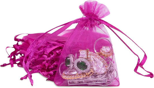 TheDisplayGuys 48-Pack 2" x 2-3/4" Hot Pink Sheer Organza Gift Bags with Drawstring, Jewelry Candy Treat Wedding Party Favors Mesh Pouch