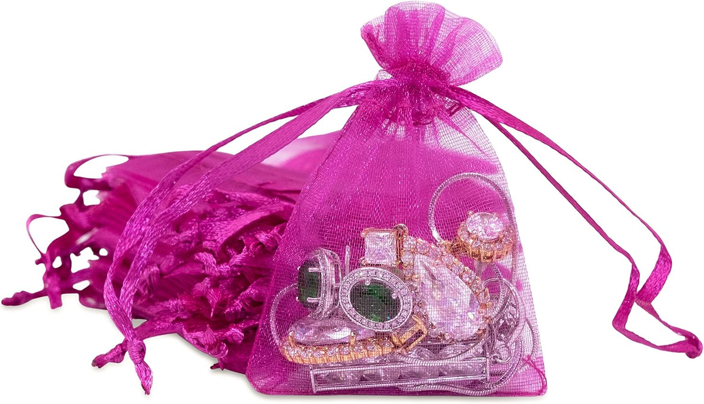 TheDisplayGuys 100-Pack XS 2 x 2 3/4" Hot Pink Sheer Organza Gift Bags with Drawstring, Jewelry Candy Treat Wedding Party Favors Mesh Pouch