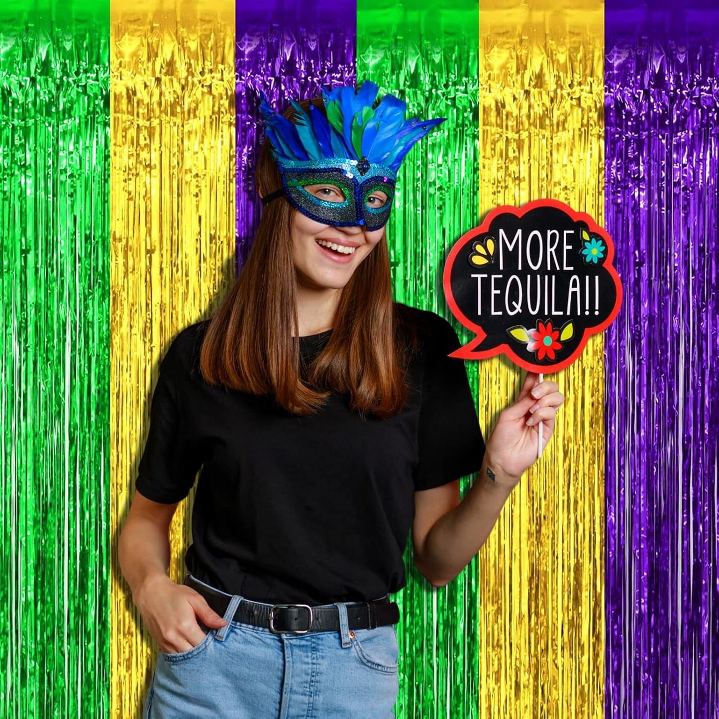 4 Pack Mardi Gras Foil Fringe Curtain Backdrop, 3.28Ft x 8.2Ft Gold Green Purple Metallic Tinsel Foil Fringe Streamers Curtains for Photo Booth, Wedding, Birthday Party Decoration