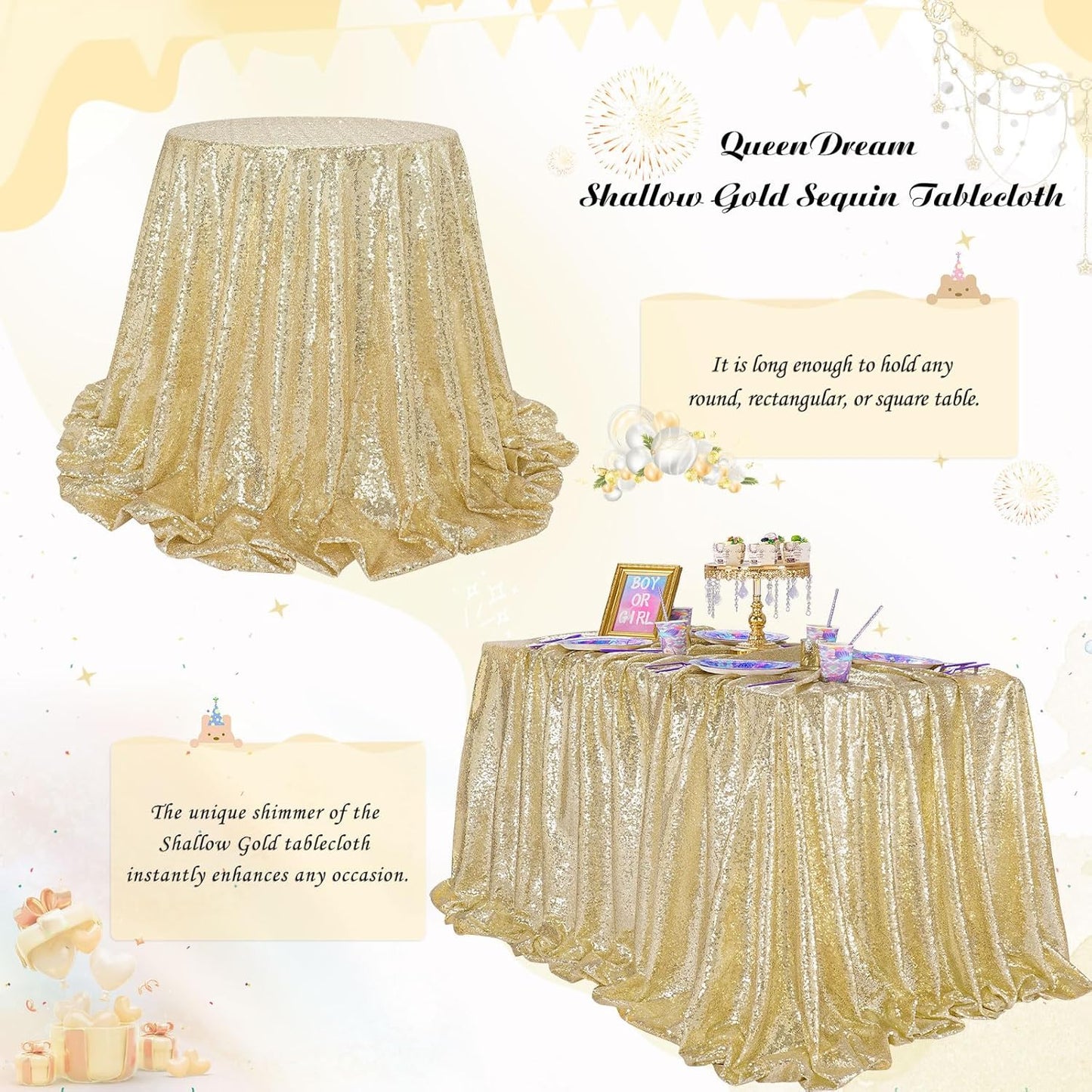 QueenDream Party Tablecloth Light Gold - 90x156 Inch Sequin Fabric Table Cloths Rectangle Cover Birthday Parties Holiday Decorations