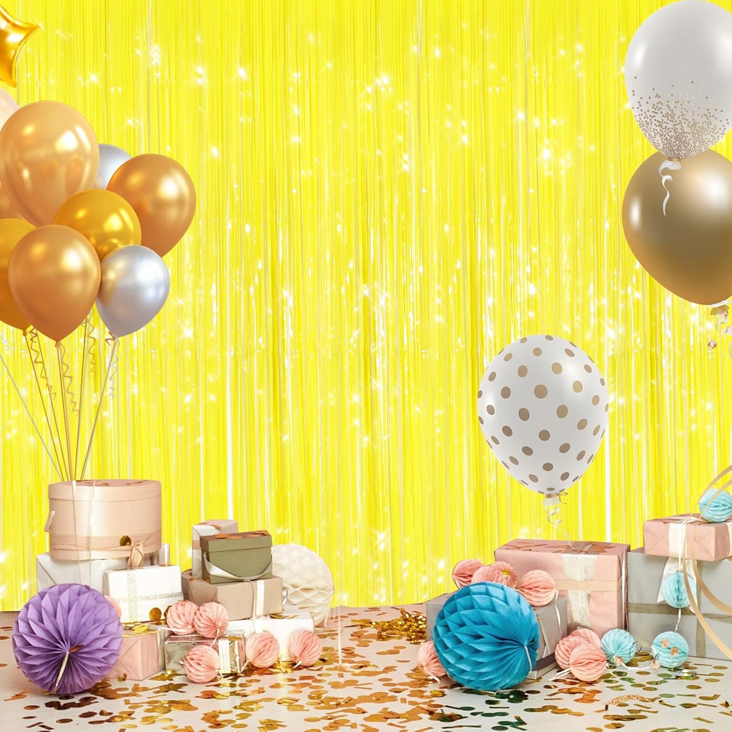 GCB 2Pack Macaron Yellow Metallic Tinsel Foil Fringe Curtains, Door Streamers Photo Booth Backdrop for Birthday Party, Tinsel Curtain Backdrop for Baby Shower Bachelorette Christmas Party Decorations