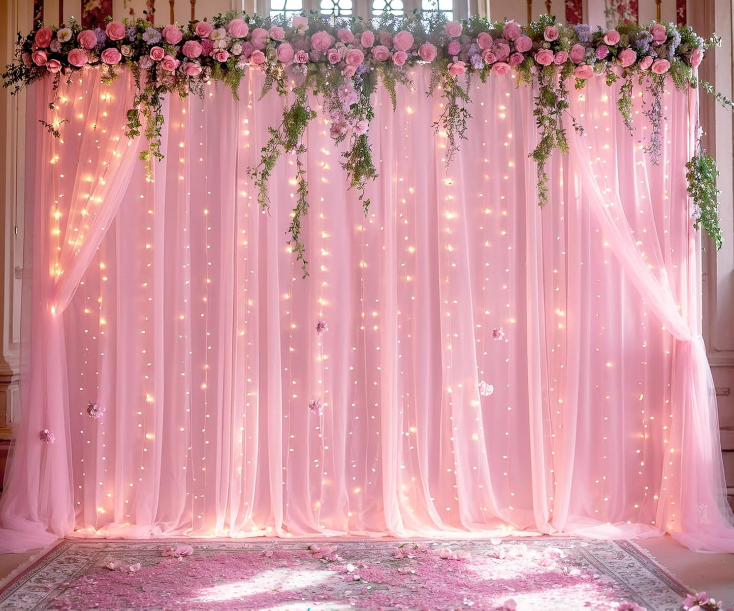 Pink Tulle Backdrop Curtains with Lights String for Parites 20ft×8ft Pink Sheer Backdrop Curtains for Baby Shower Girls Bridal Shower Birthday Party Photo Shoot Decorations(4 Panels 5×8ft)
