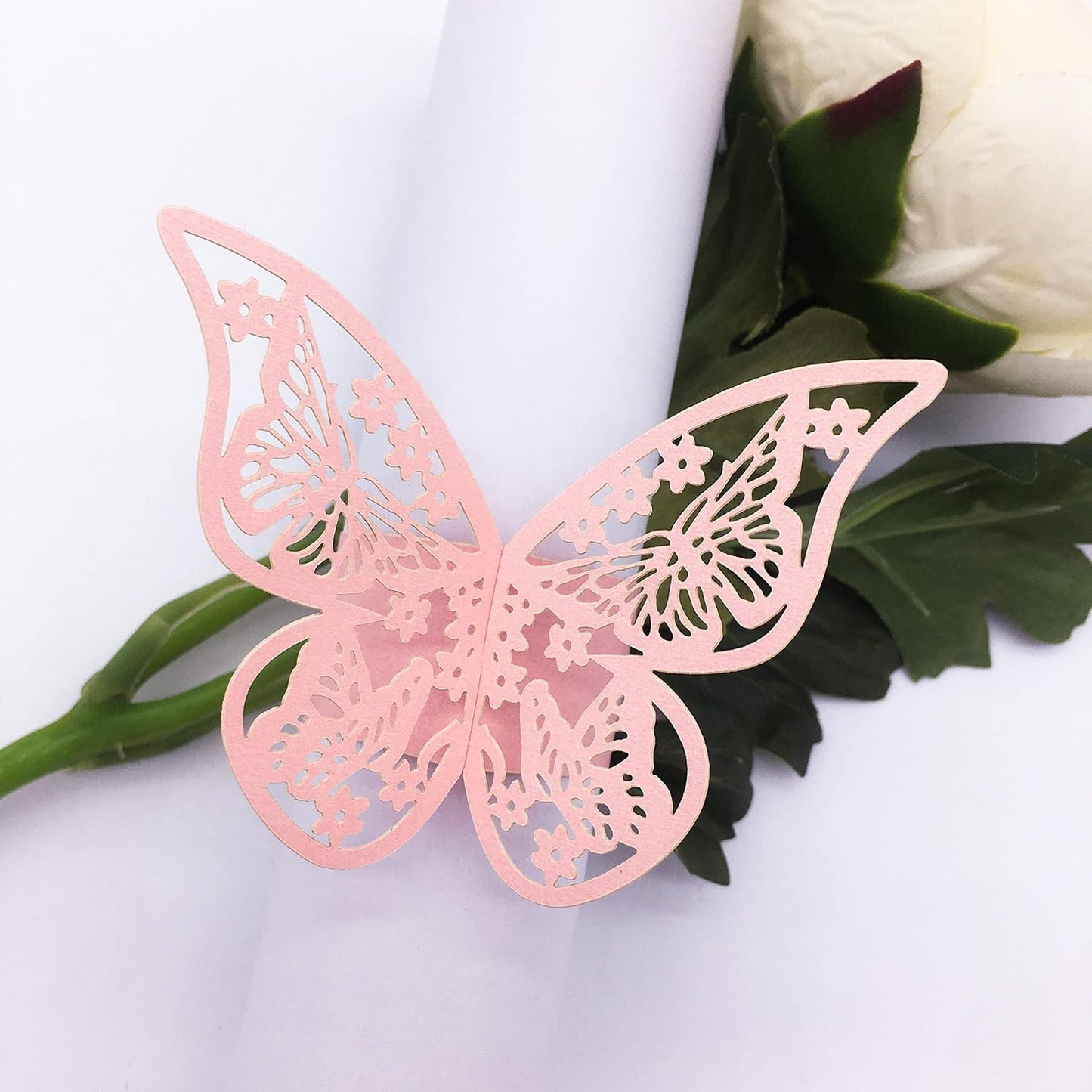 Butterfly Pink Paper Napkin Rings Set of 100 pcs，3D Laser Cut Foil Cutout Paper Napkins Holder,Disposable Serviette Rings for Tables,Decorations,Wedding,Dinner,Party Decor