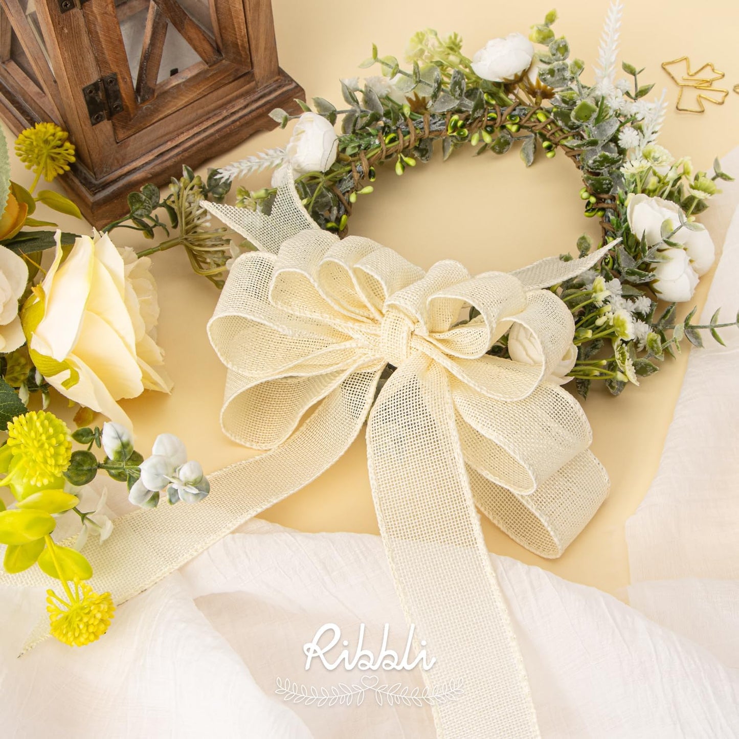 Ribbli Cream Burlap Wired Ribbon,1-1/2 Inch x 10 Yard, Ivory Wired Burlap Ribbon for Big Bow,Wreath,Tree Decoration,Outdoor Decoration
