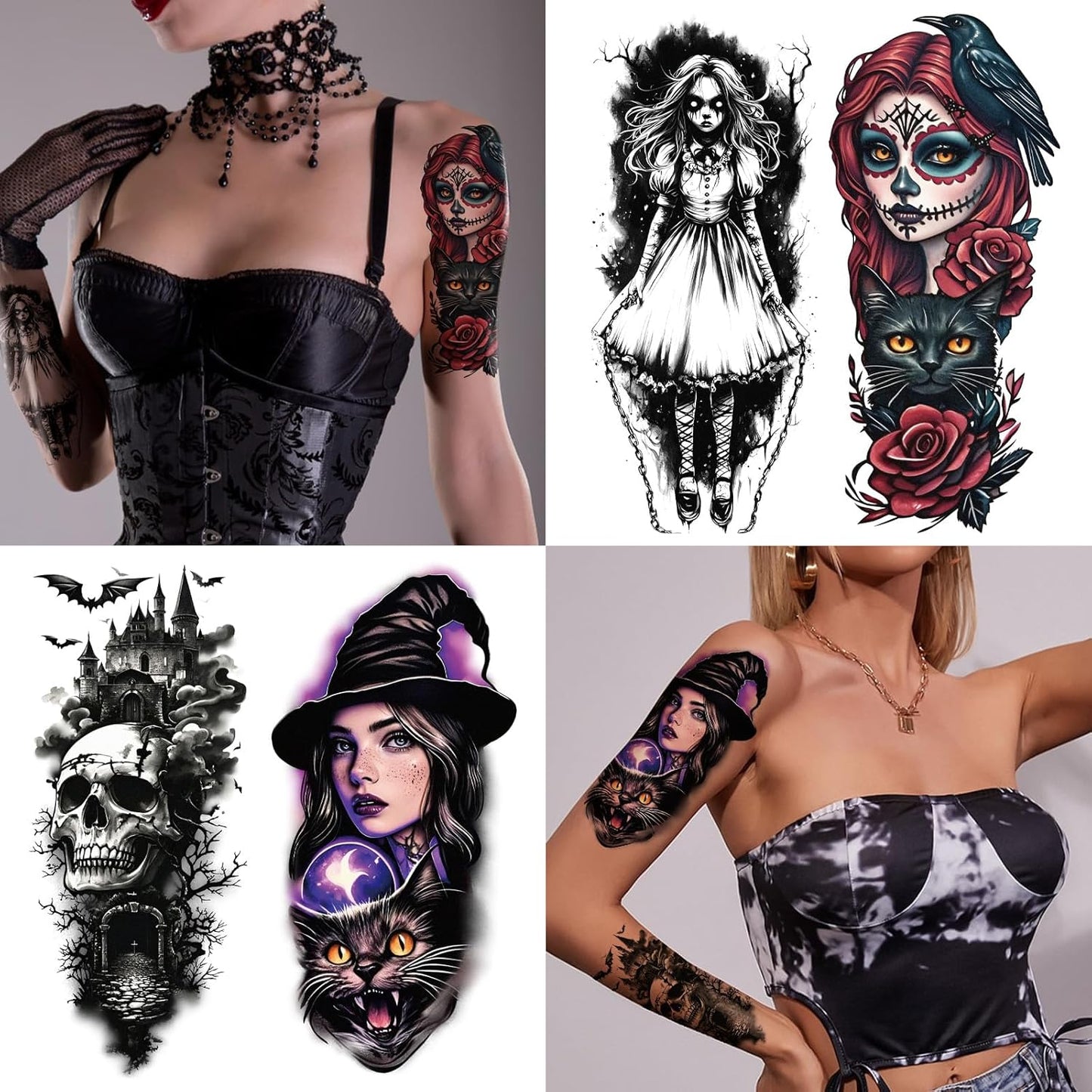 77 Sheets Witch Temporary Tattoos Women Men Adults, Skeleton Death Skull Pointed Black Hats Brooms Cauldrons Black Cats Half Arm Halloween Fake Tattoo, Bat Scary Tattoos for Halloween Costume