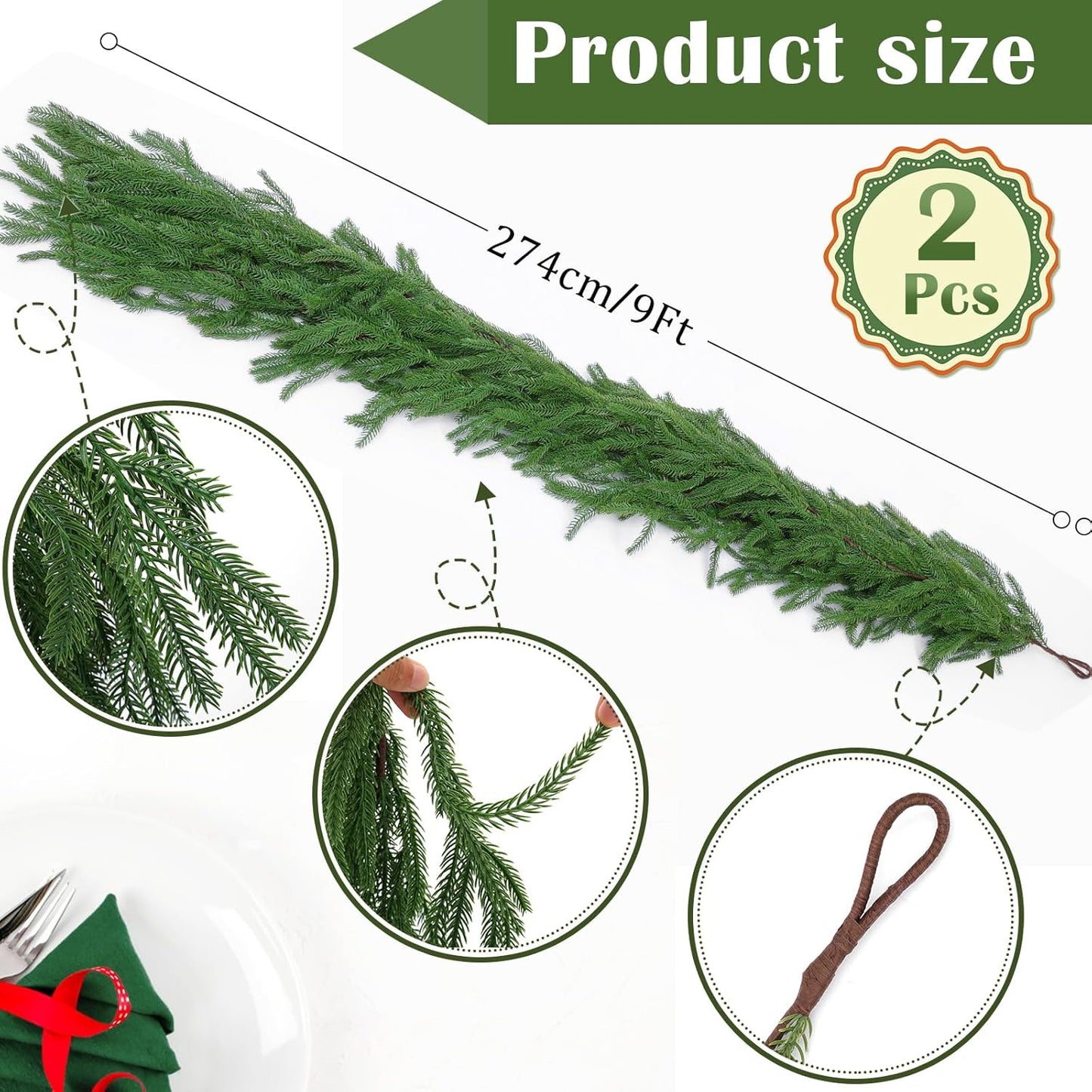 Hananona 2 Pcs 9 Ft Artificial Norfolk Pine Garlands, Real Touch Winter Pine Garland, Green Artificial Greenery Garland for Table, Mantle, Wall, Indoor, Outdoor Christmas Decorations (2, 9 Ft)
