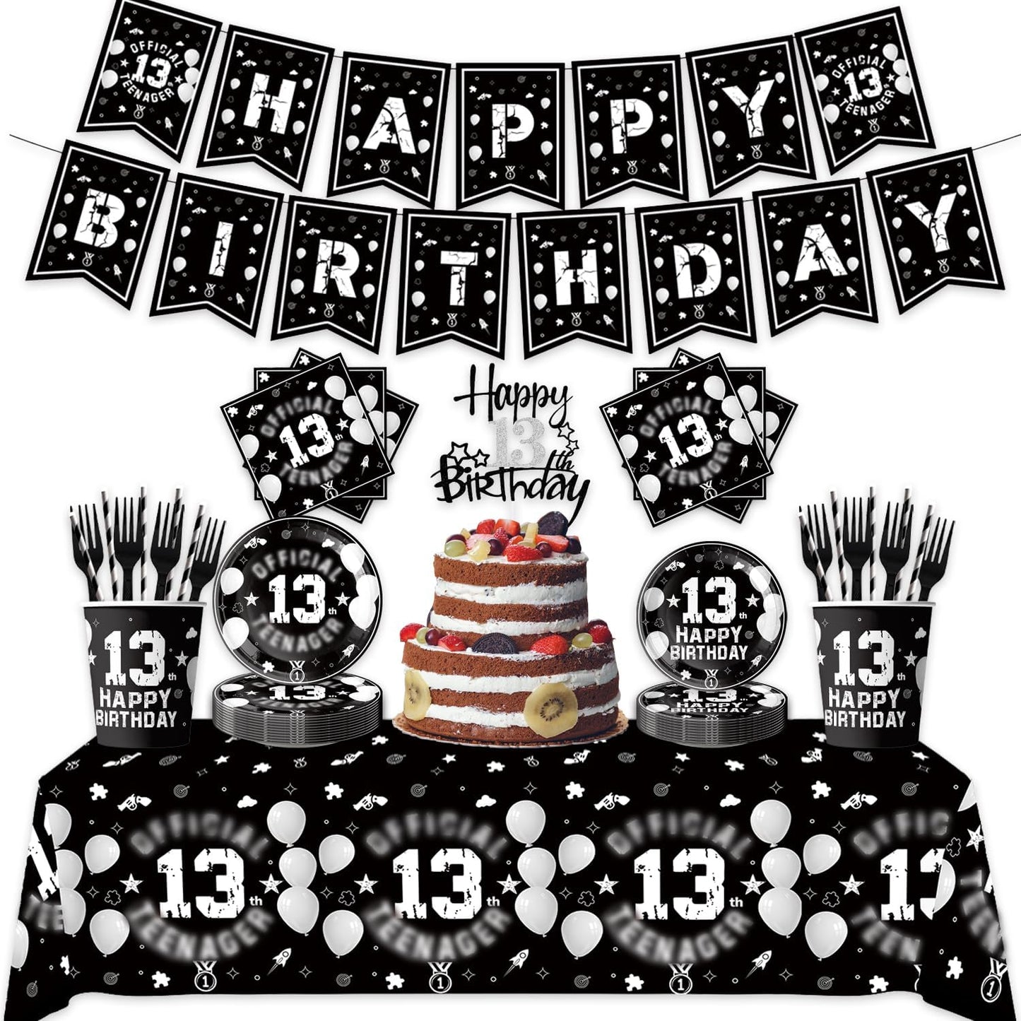 123pcs 13th Party Decorations,13th Silver Black Birthday Banner,Flags,Paper,cups,Straws,Forks,Cake Toppers,Dessert plates,Tablecloths and dinner plates,Officially a Teenager 13th Birthday Supplies