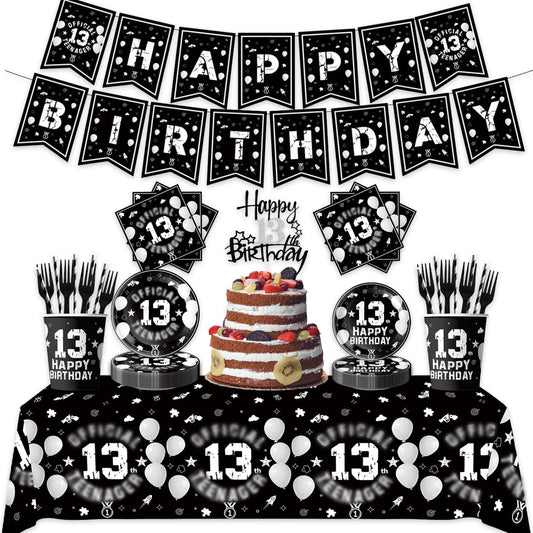 123pcs 13th Party Decorations,13th Silver Black Birthday Banner,Flags,Paper,cups,Straws,Forks,Cake Toppers,Dessert plates,Tablecloths and dinner plates,Officially a Teenager 13th Birthday Supplies