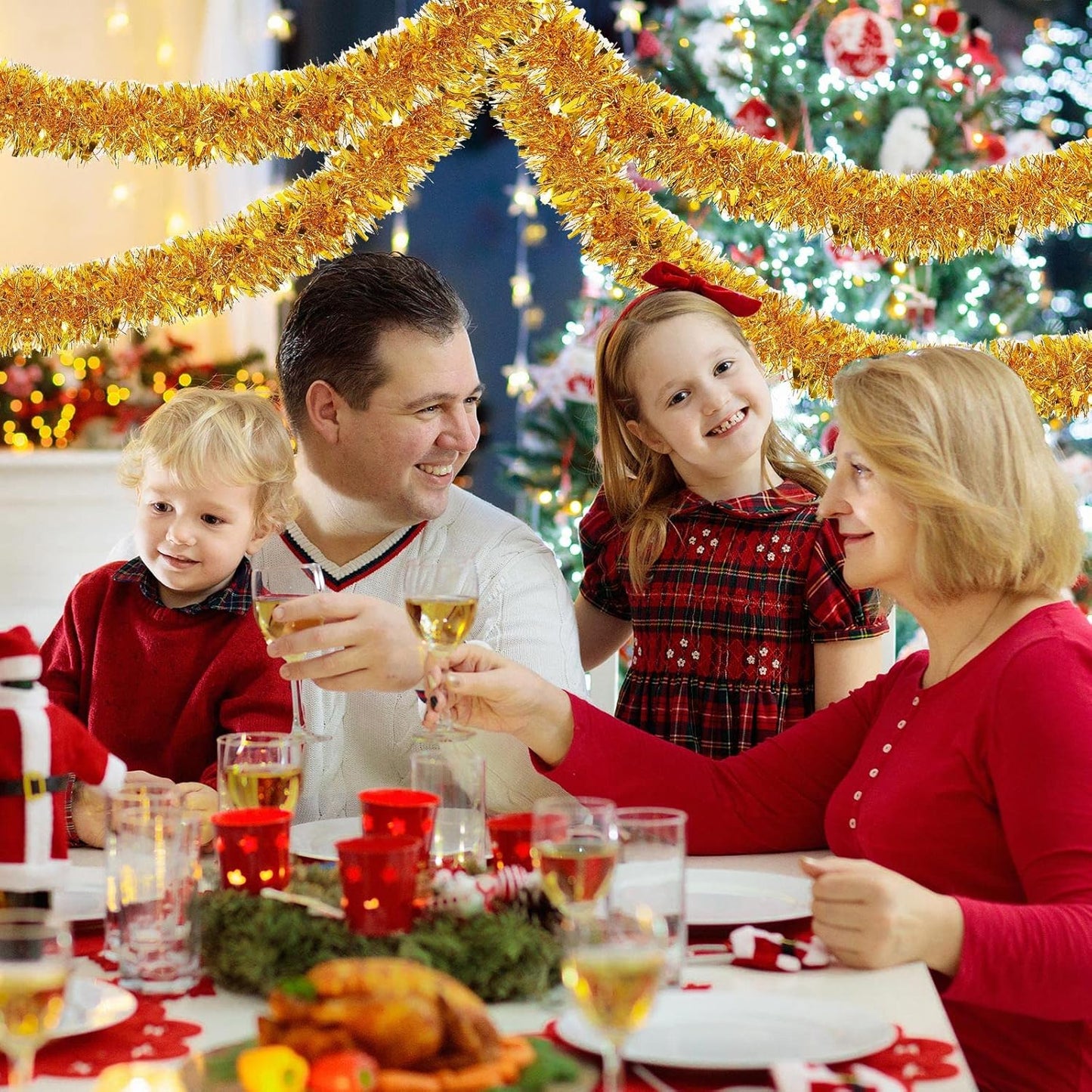 72 Feet Christmas Tinsel Garland Shiny Metallic Tinsel Twist Garland Streamers Ornaments Long Glitter Christmas Tree Hanging Decorations for Party Holiday Wedding Birthday Tree Wall Rail (Gold)